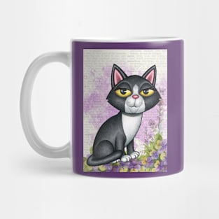 Fun black and white kitty cat with purplish flowers Mug